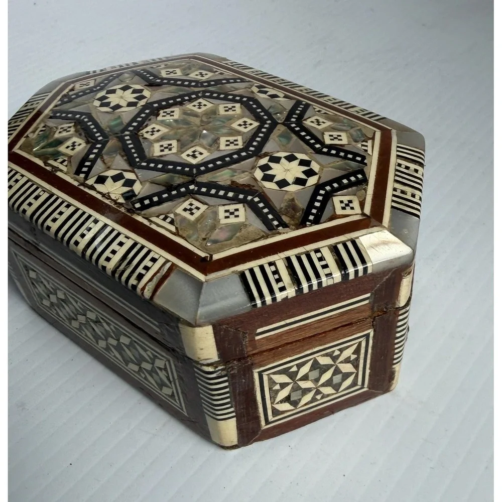 Vintage Egyptian Handmade Wood Jewelry Box Hexagon Mother of Pearl Inlay Mosaic